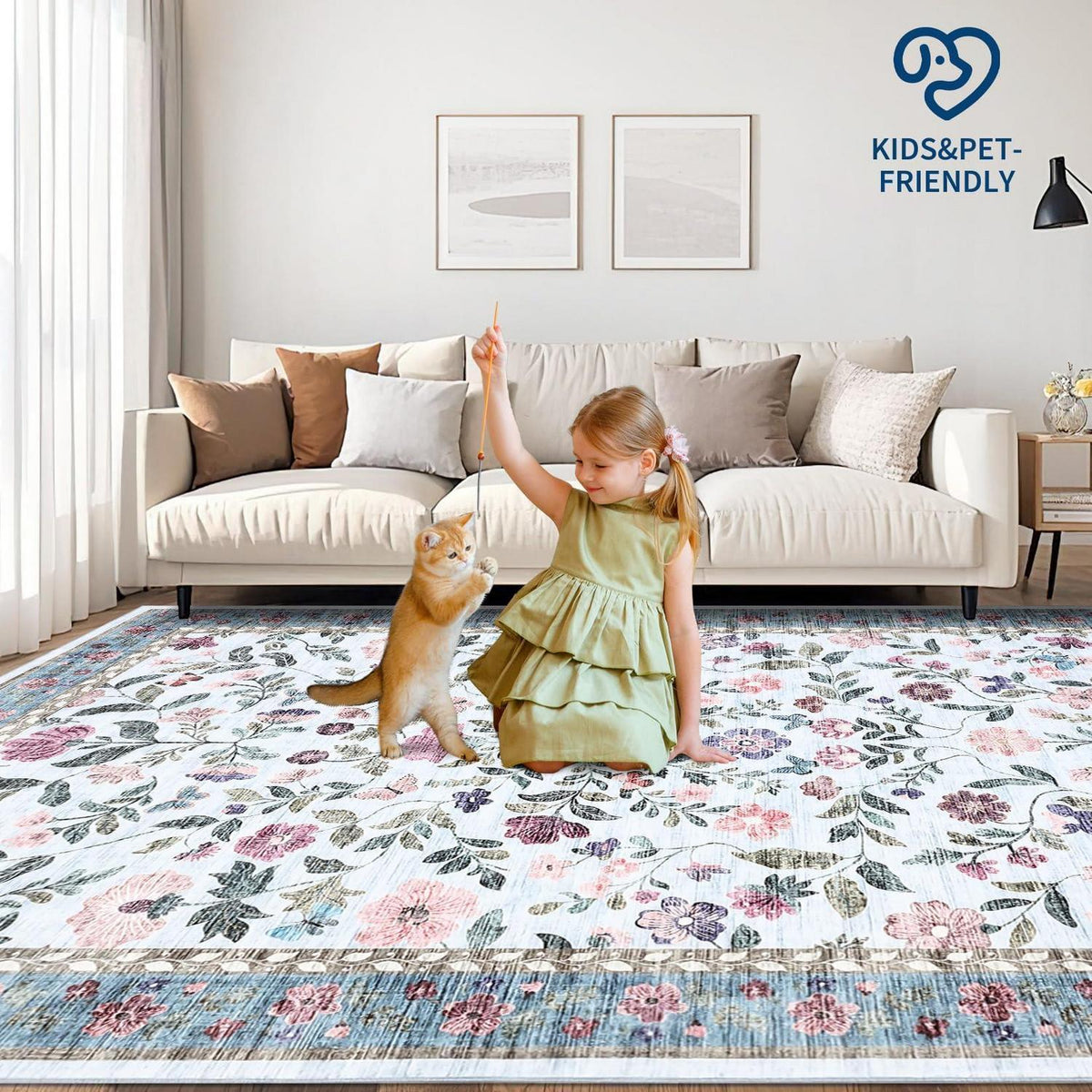 Waschbarer Teppich hellblau 120x170 cm – Rutschfest & Blumenmuster