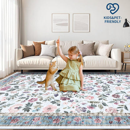 Waschbarer Teppich hellblau 120x170 cm – Rutschfest & Blumenmuster