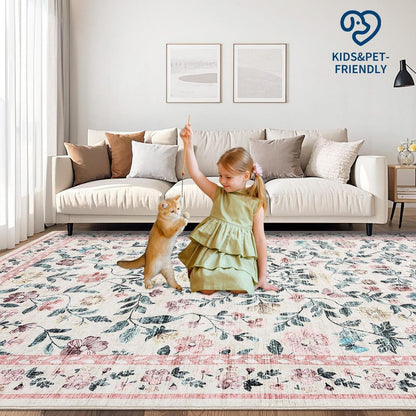 Waschbarer Teppich 200x290 cm – Rosa Blumenmuster, Rutschfest