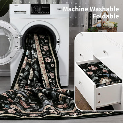 Waschbarer Teppich 200x290 cm – Rutschfest, Schwarz, Blumenmuster
