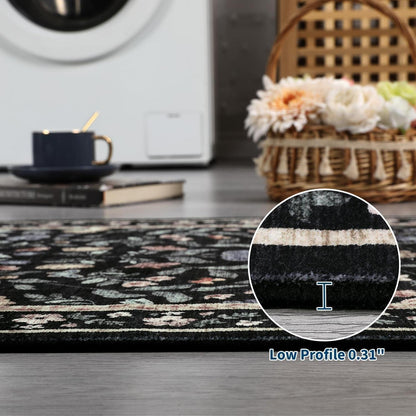 Waschbarer Teppich 200x290 cm – Rutschfest, Schwarz, Blumenmuster
