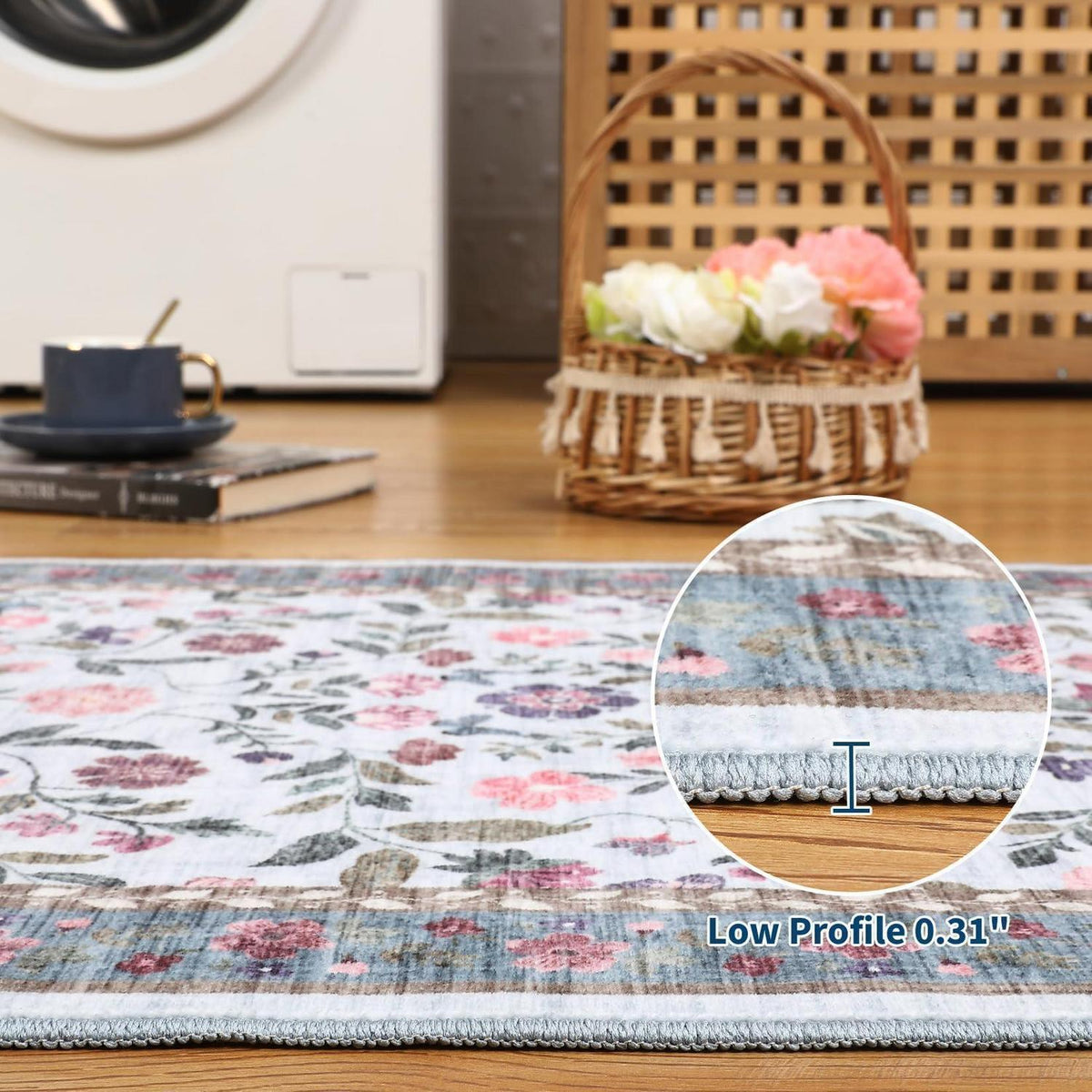 Waschbarer Teppich blau 200x290 cm – Rutschfest & Blumenmuster