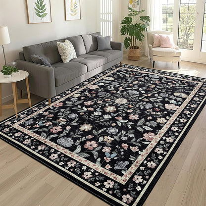 Wohnzimmer Teppich Blumenmuster Schwarz 160x230 cm Waschbar