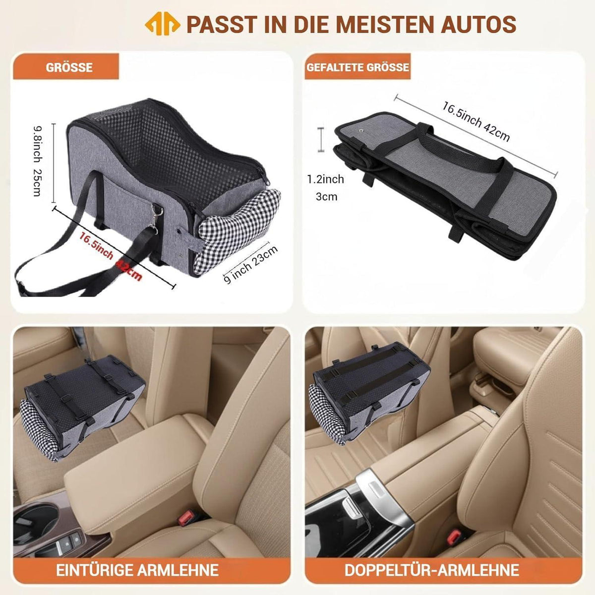 Hundeautositz Mittelkonsole für kleine Hunde (kariert, grau)