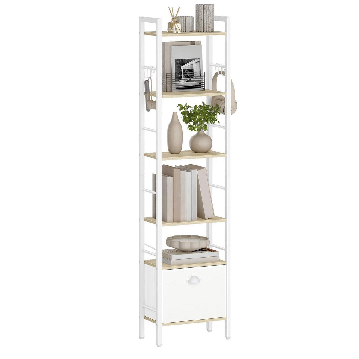 6-Fach Regal mit Schublade & Haken, 24x40x173 cm, Weißeiche