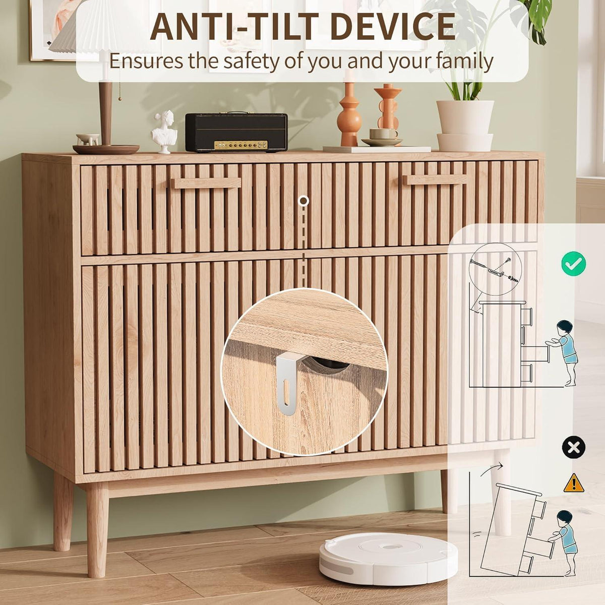 Sideboard mit 2 Schubladen & 2 Türen – Holz Kommode für Wohnzimmer