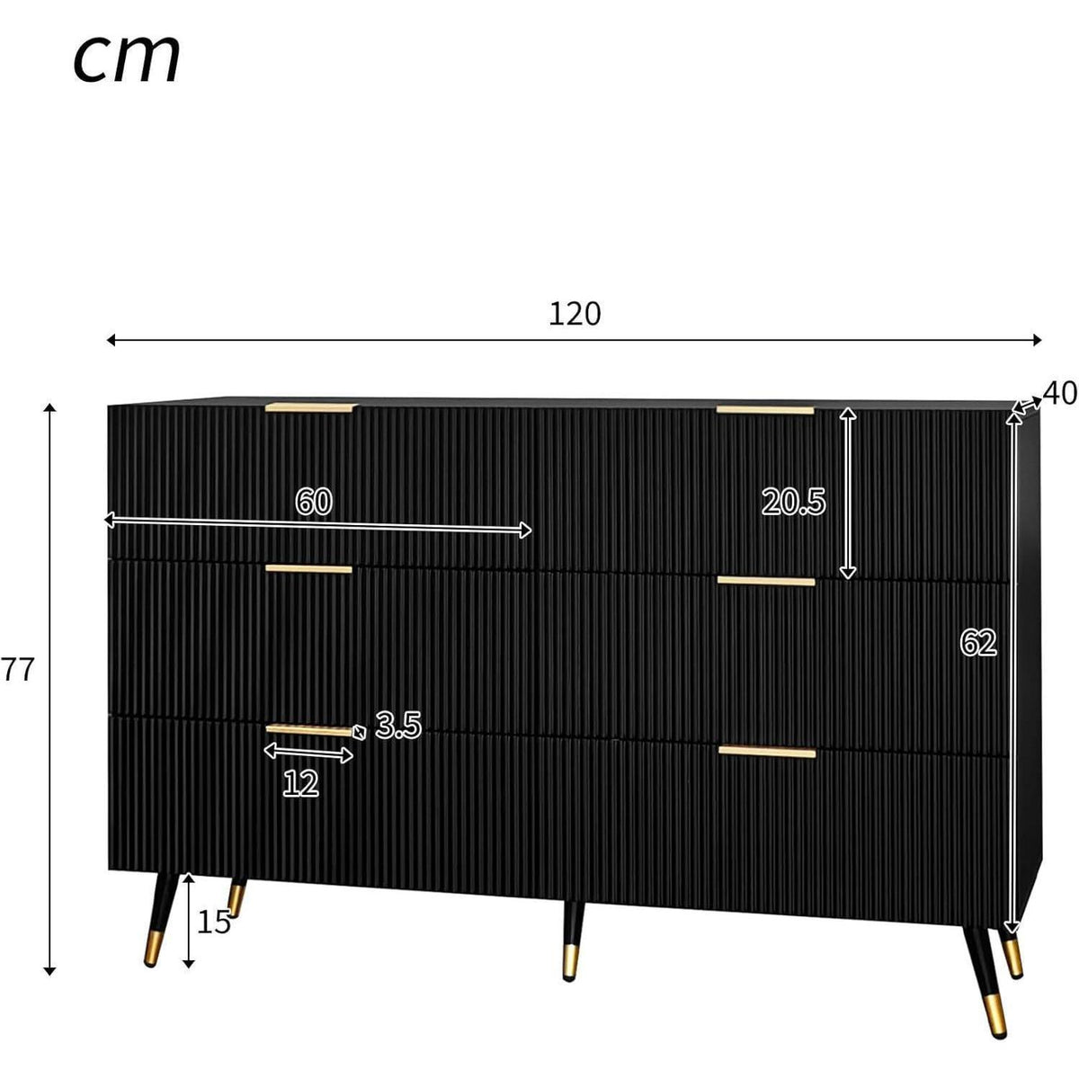 Modernes Sideboard Schwarz mit 6 Schubladen & Wellenmuster