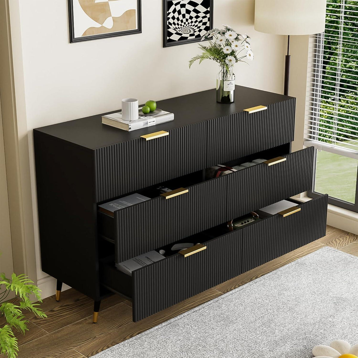 Modernes Sideboard Schwarz mit 6 Schubladen & Wellenmuster
