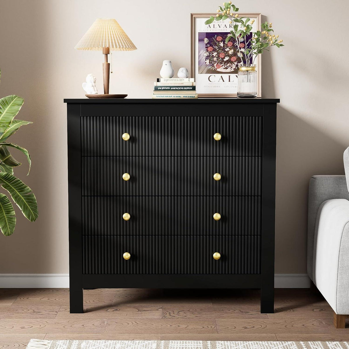 Modernes Sideboard mit 5 Schubladen & Goldgriffen, Schwarz