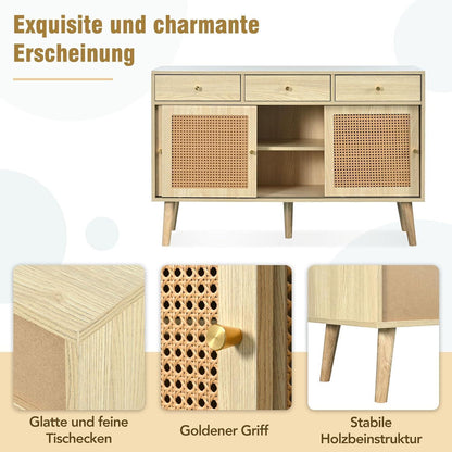 Rattan Sideboard mit 3 Schubladen & Schiebetüren, 120x40x78cm