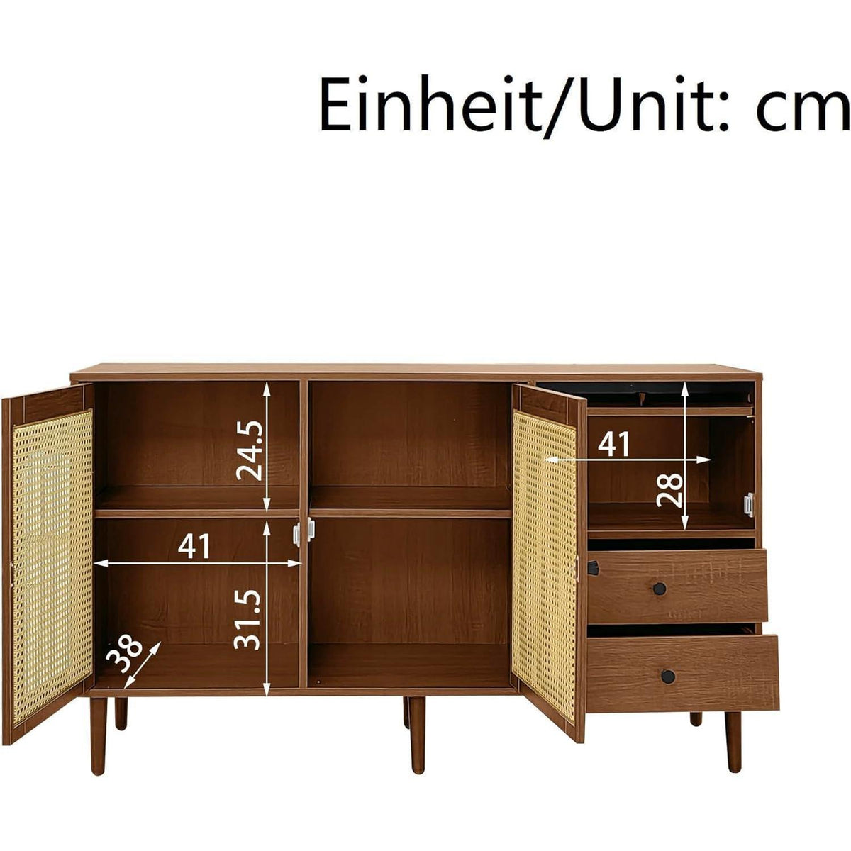 Rattan Sideboard mit 3 Schubladen & 2 Türen – Boho Schrank 130x40x75,5cm