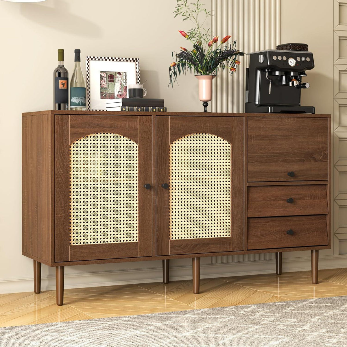 Rattan Sideboard mit 3 Schubladen & 2 Türen – Boho Schrank 130x40x75,5cm