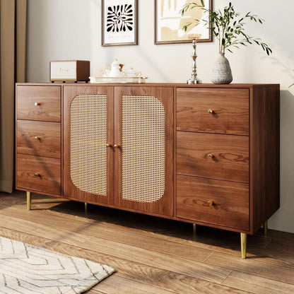 Sideboard Rattan & Holz | Kommode mit 6 Schubladen & 2 Türen (160x40x90cm)