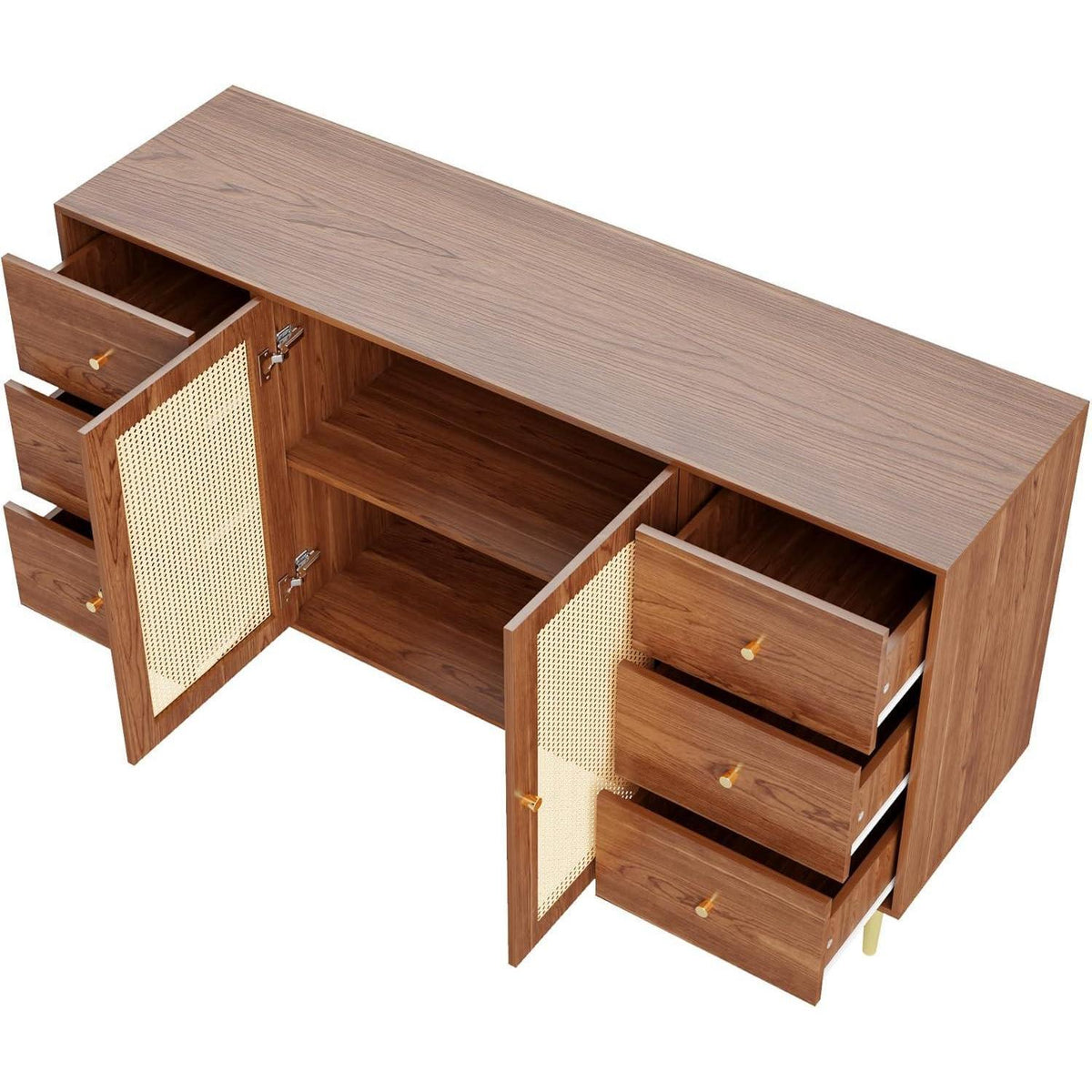 Sideboard Rattan & Holz | Kommode mit 6 Schubladen & 2 Türen (160x40x90cm)