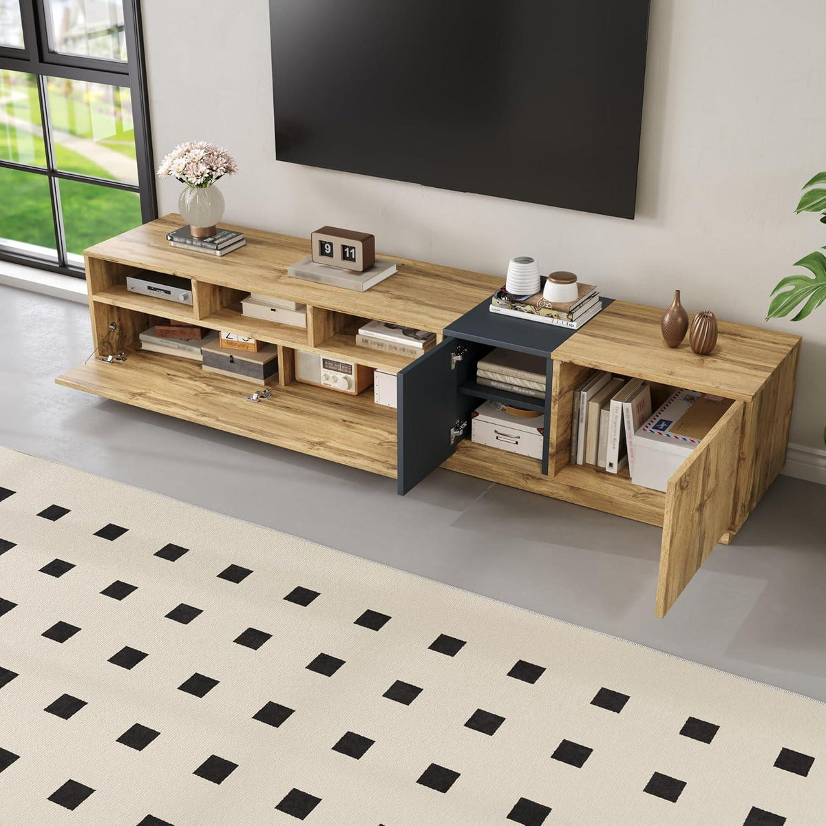 Lowboard Wohnzimmer Schwarz-Natur | TV-Möbel mit Stauraum & Kabelöffnung
