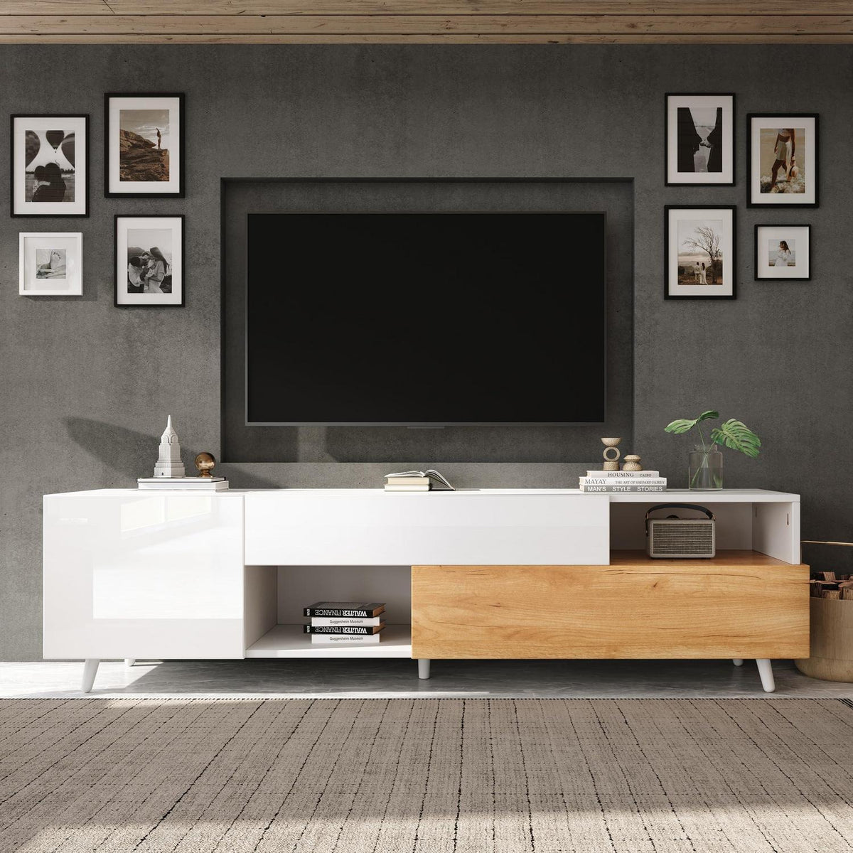 TV Lowboard 180cm Weiß & Natur | Modernes Wohnzimmer Möbel