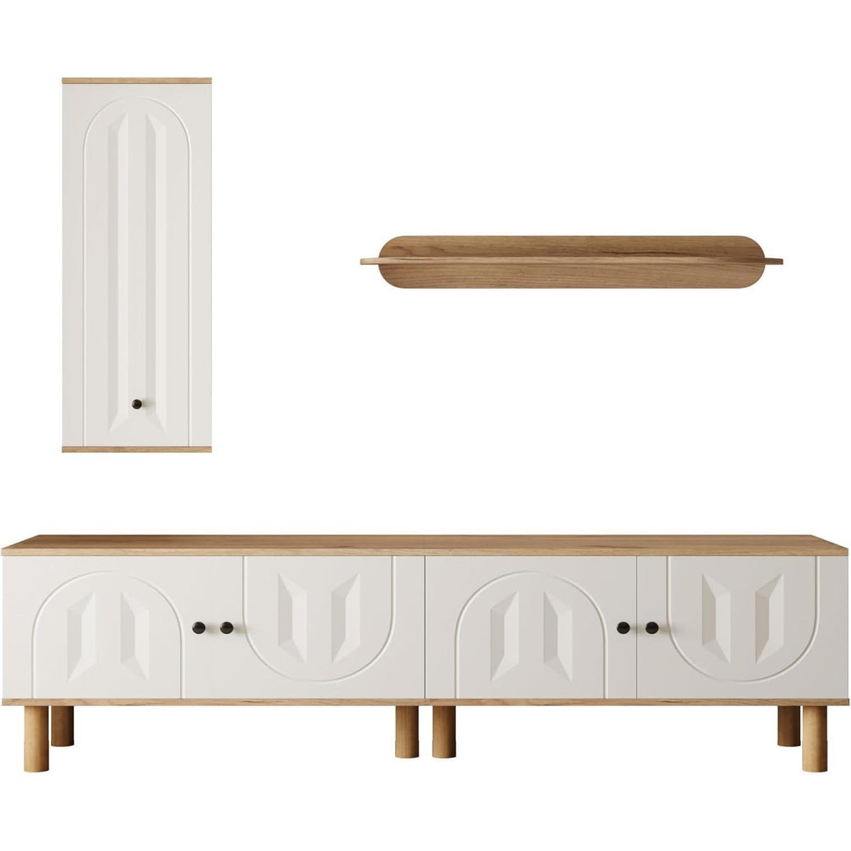 TV Lowboard Wohnzimmer 3-tlg. Weiß & Natur | Kombi Design