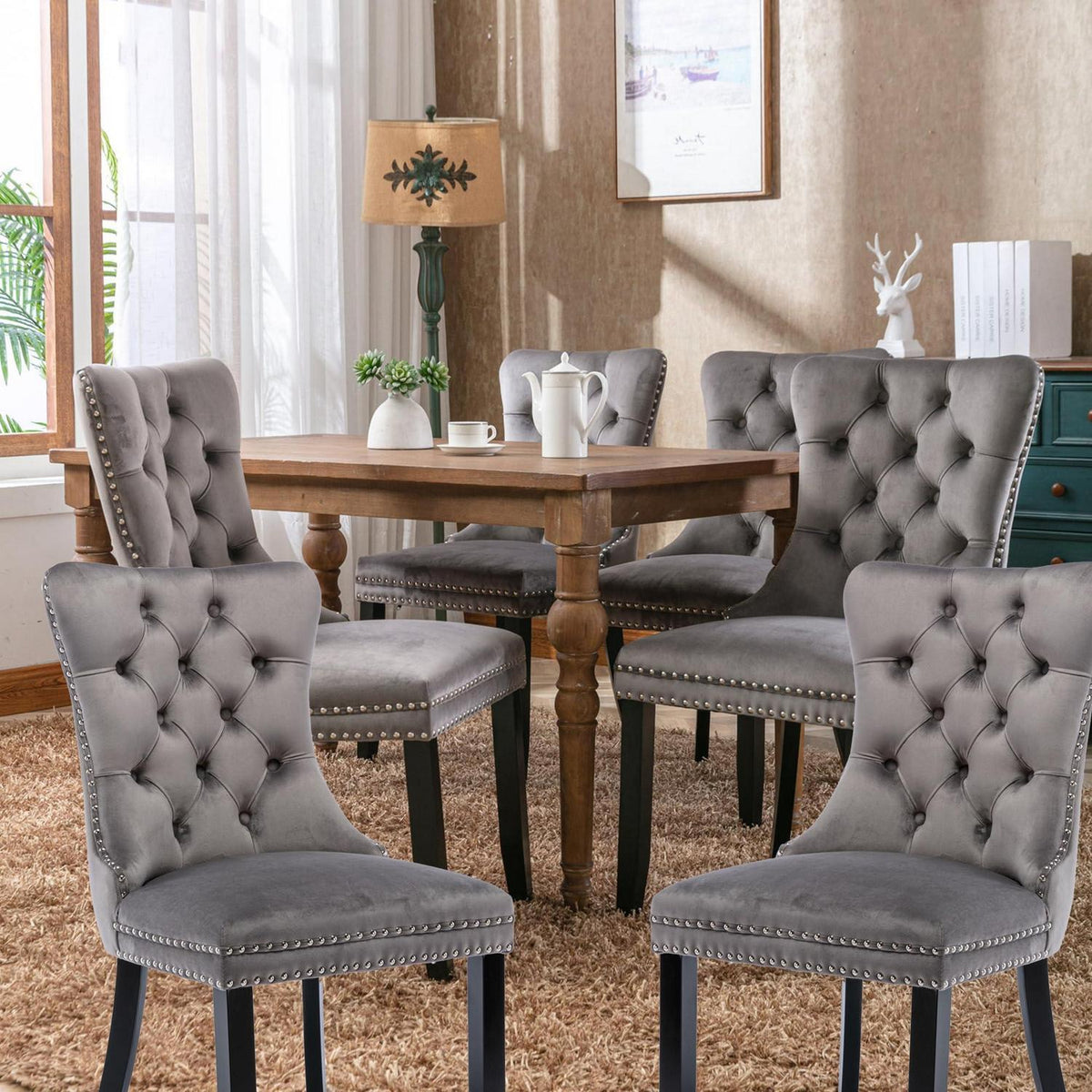 Esszimmerstühle 6er Set Grau, Samt & Holz, Tufted Design