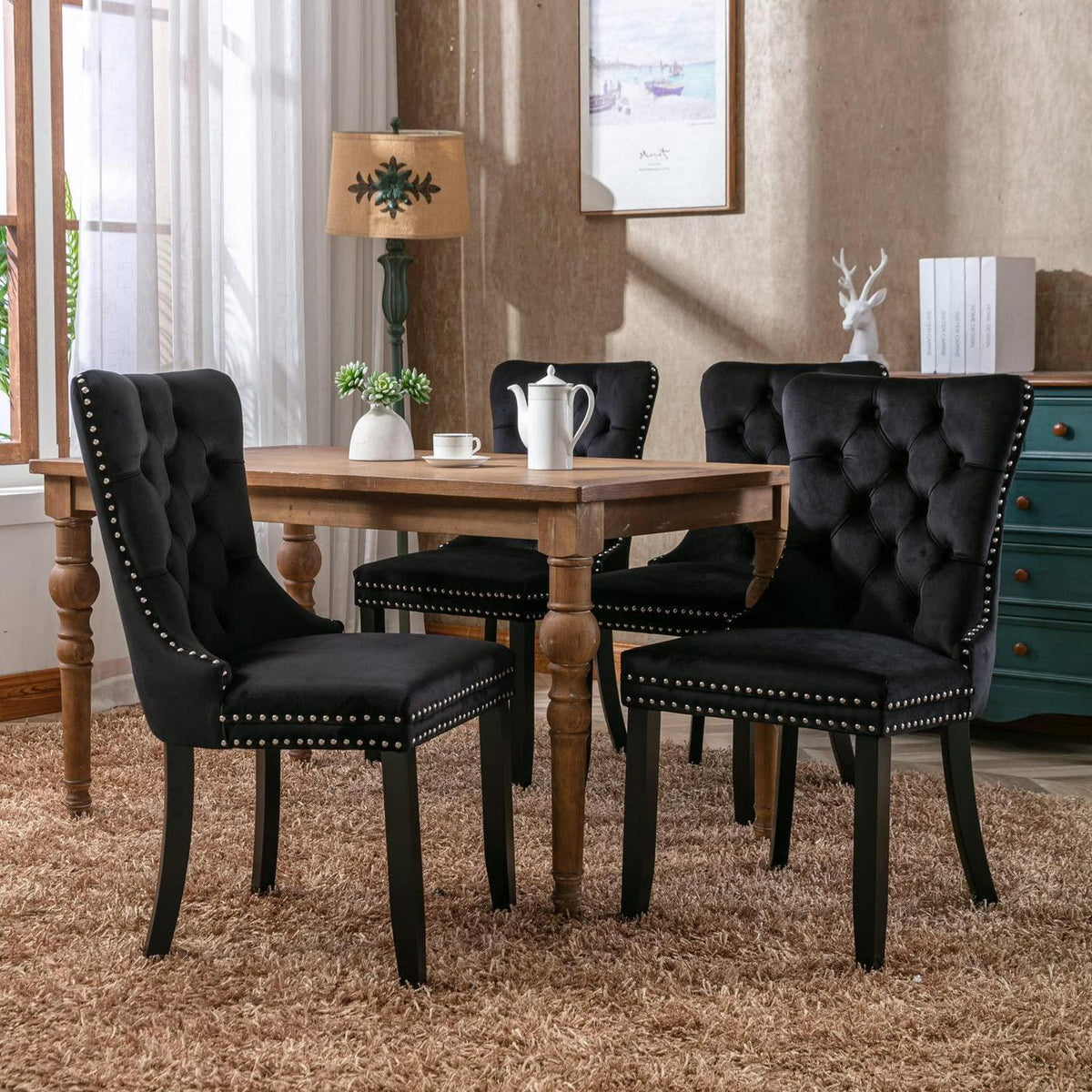 Esszimmerstühle Set 4er – Samt, Gepolstert, Schwarz