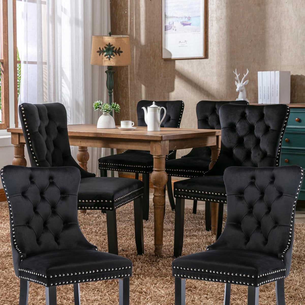 Esszimmerstühle 6er Set Samt, Gepolstert & Nieten Design Schwarz