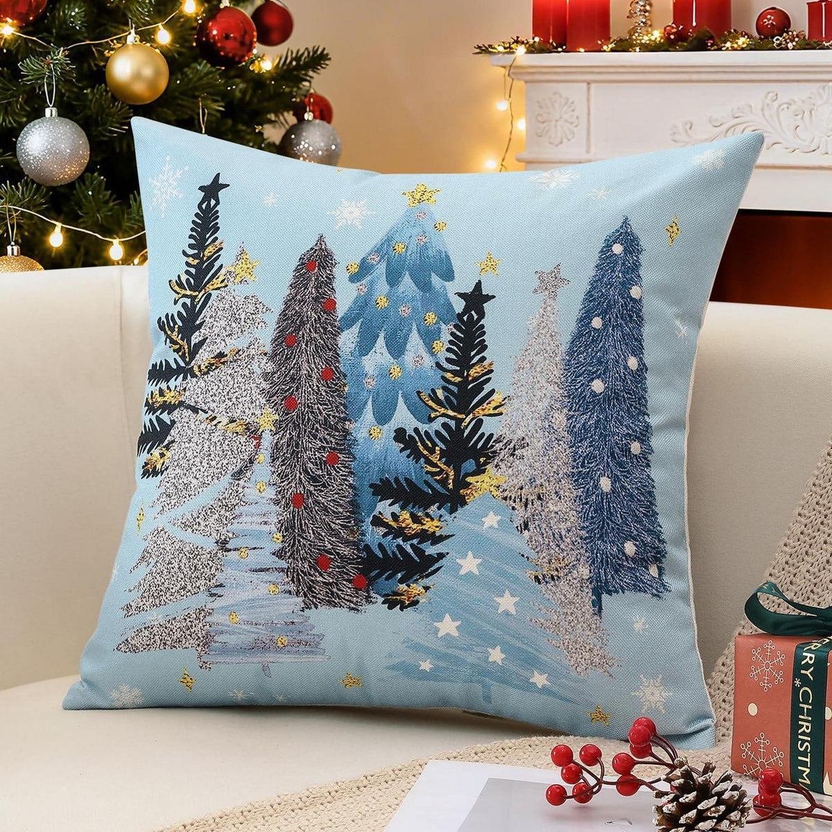 Weihnachtlicher Kissenbezug 50x50 cm, Blau mit Weihnachtsmotiven