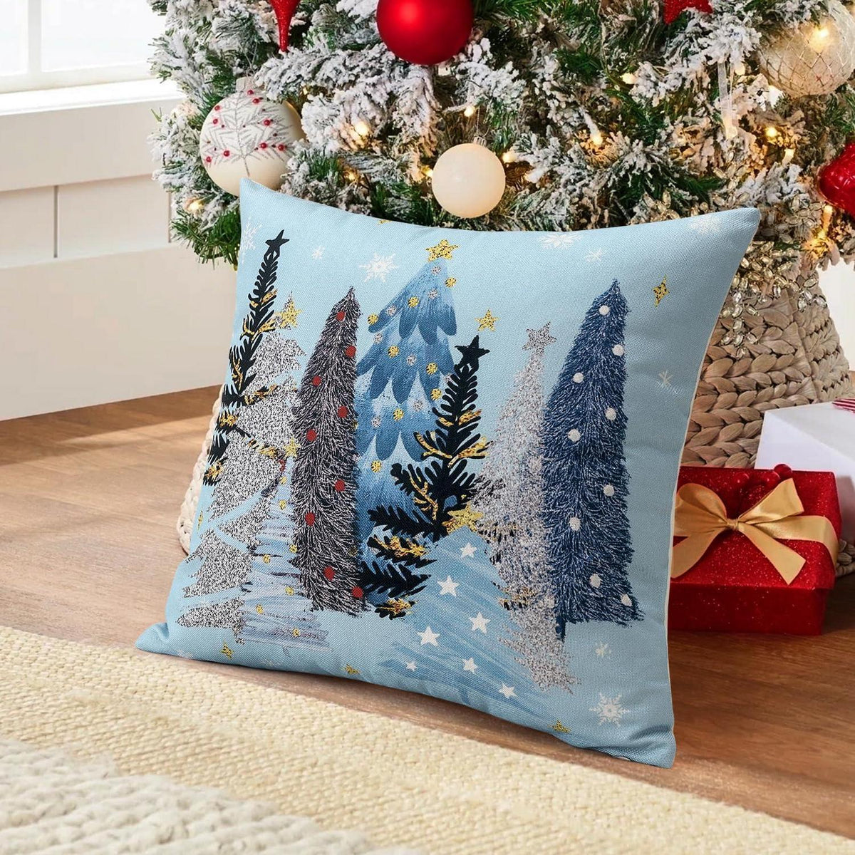 Weihnachtlicher Kissenbezug 50x50 cm, Blau mit Weihnachtsmotiven