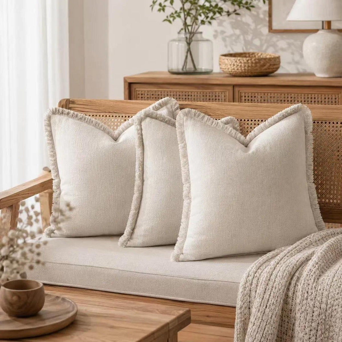 2er Set Baumwoll Kissenbezüge mit Fransen, 40x40 cm, Beige
