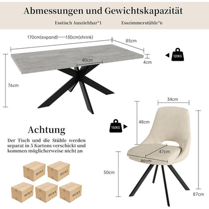 Ausziehbarer Esstisch mit Stühlen – Grau & Beige Essgruppe