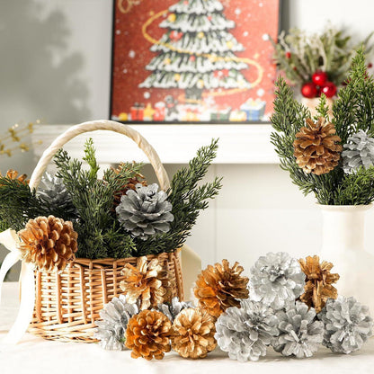 24 Natürliche Tannenzapfen Gold & Silber mit Stiel – Weihnachtsdeko