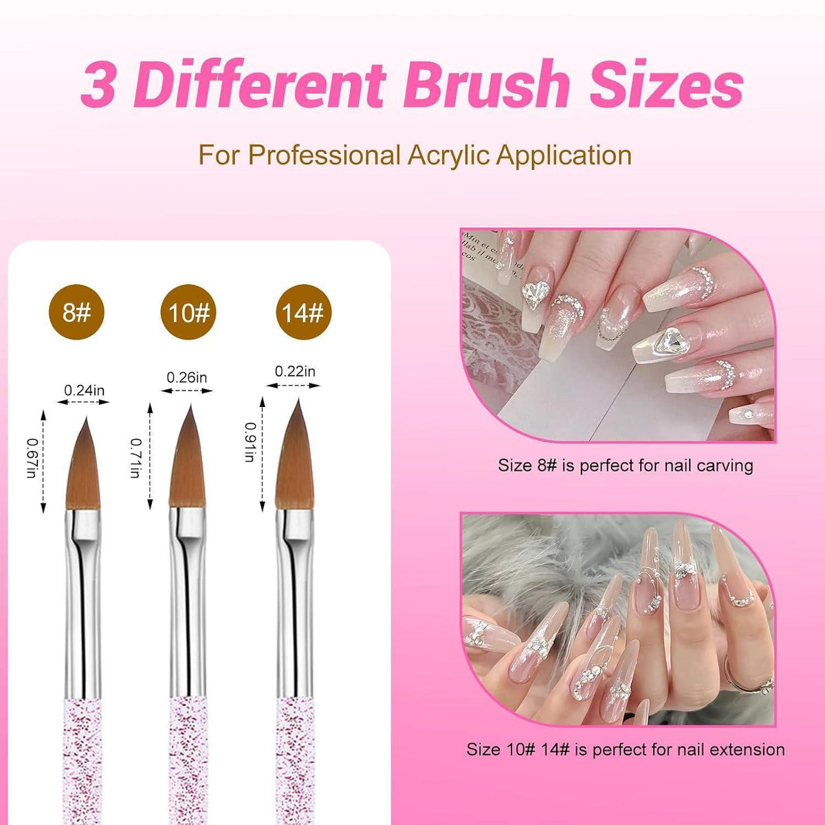3x Acryl Pinsel Set für Nageldesign – 8/10/14 Größen