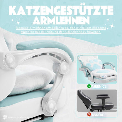 Gaming Stuhl mit Katzenohren und Fußstütze, Blau Weiß