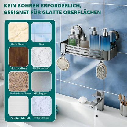 Duschablage Saugnapf mit 4 Haken – Bohrlos & Vielseitig