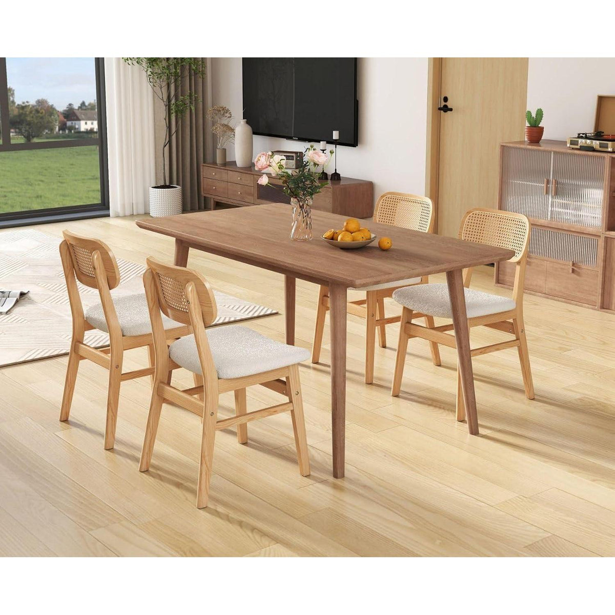 Esszimmerstühle 2er Set Holz & Kunstfell mit Rattan Rückenlehne