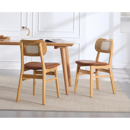 Esszimmerstuhl Set Holz mit Rattan Rückenlehne Braun in Lederoptik
