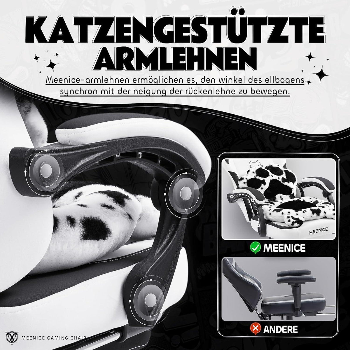 Gaming Stuhl Katze mit Fußstütze & Katzenohren, Ergonomisch, 200kg, Schwarzweiß