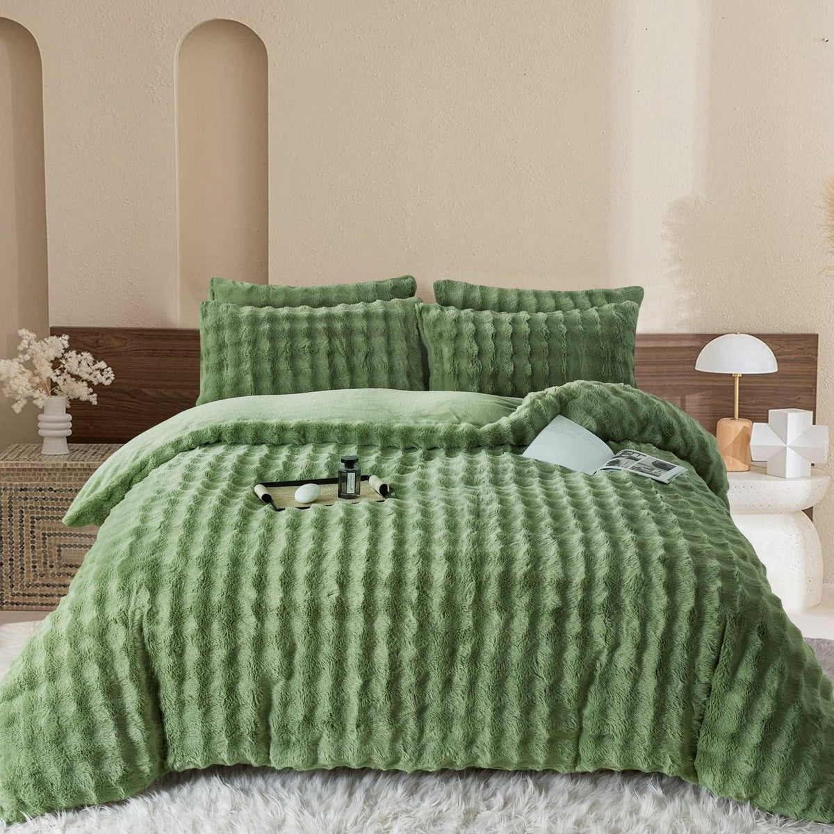 Plüsch Bettwäsche Set 200x220 - Warmes Grün, Flauschig & Weich