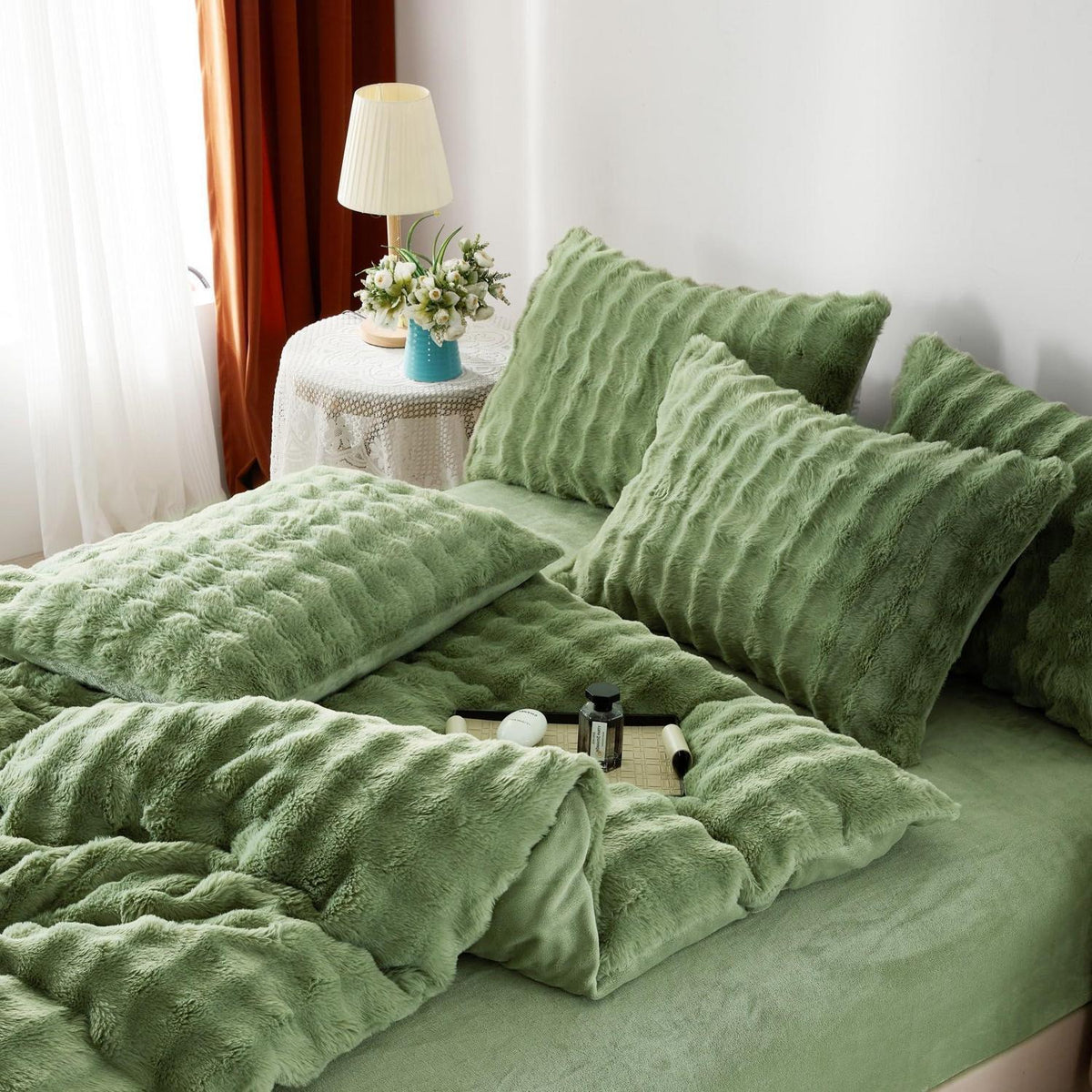 Plüsch Bettwäsche Set 200x220 - Warmes Grün, Flauschig & Weich