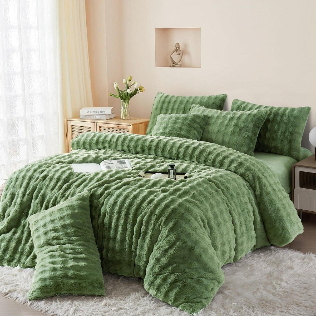 Langhaar Plüsch Bettwäsche Set 200x200 Grün, Superweich & Warm
