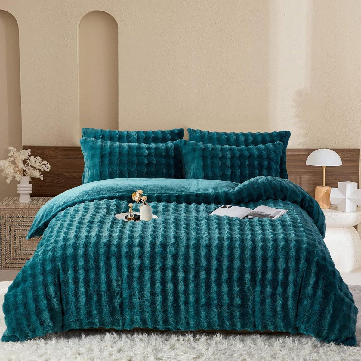 Langhaar Plüsch Bettwäsche Set 135x200 Petrol - Winterwarm & Flauschig