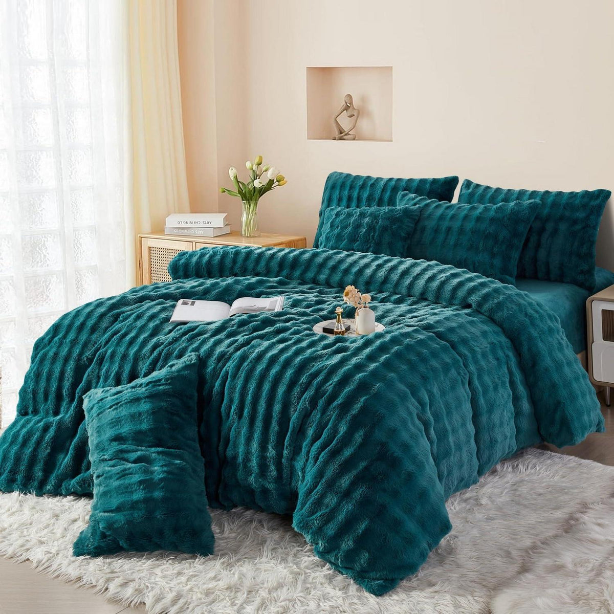Langhaar Plüsch Bettwäsche Set 135x200 Petrol - Winterwarm & Flauschig