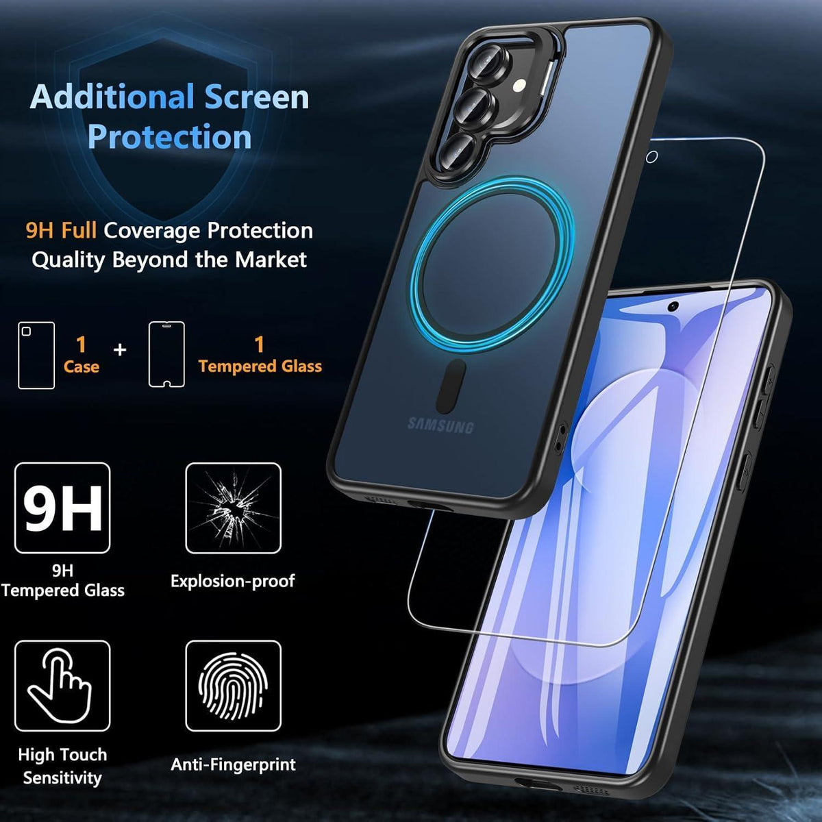 Schutzhülle für Samsung S25 FE mit Ständer & Panzerglas, Matt Schwarz
