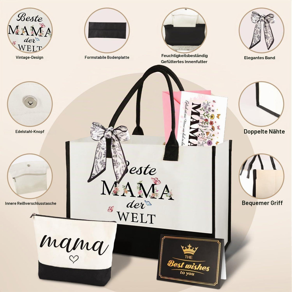 Canvas Einkaufstasche & Kosmetiktasche Geschenk für Mama
