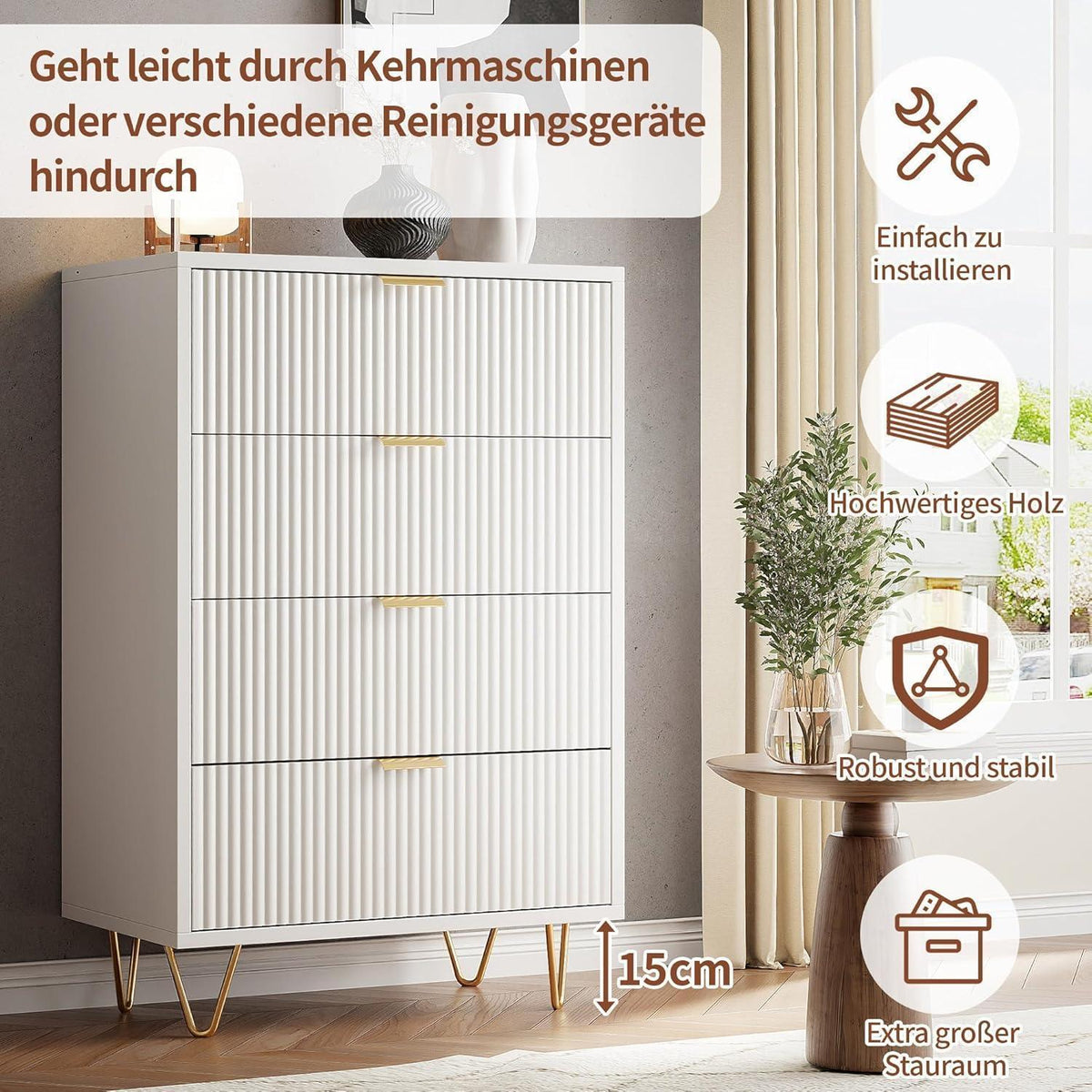 Kommode mit 4 Schubladen | Weiß, Modern & Robust