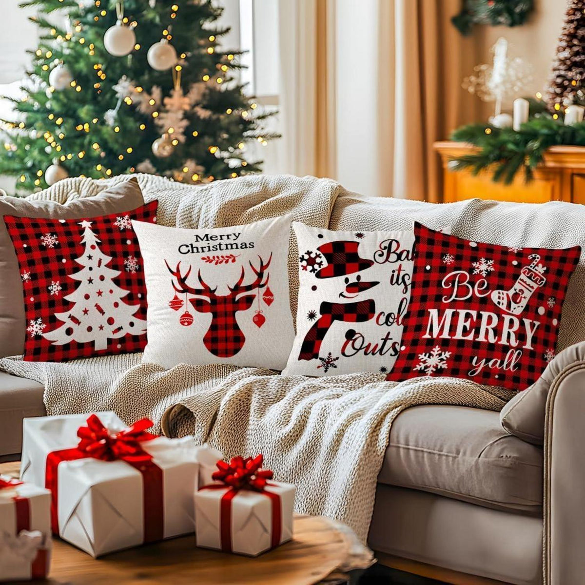 Weihnachtskissenbezüge 4er Set 45x45cm Tartan Rot Schwarz