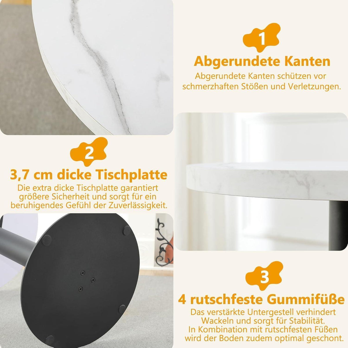 Runder Esstisch 80cm Weiß – Küchentisch mit Marmoroptik