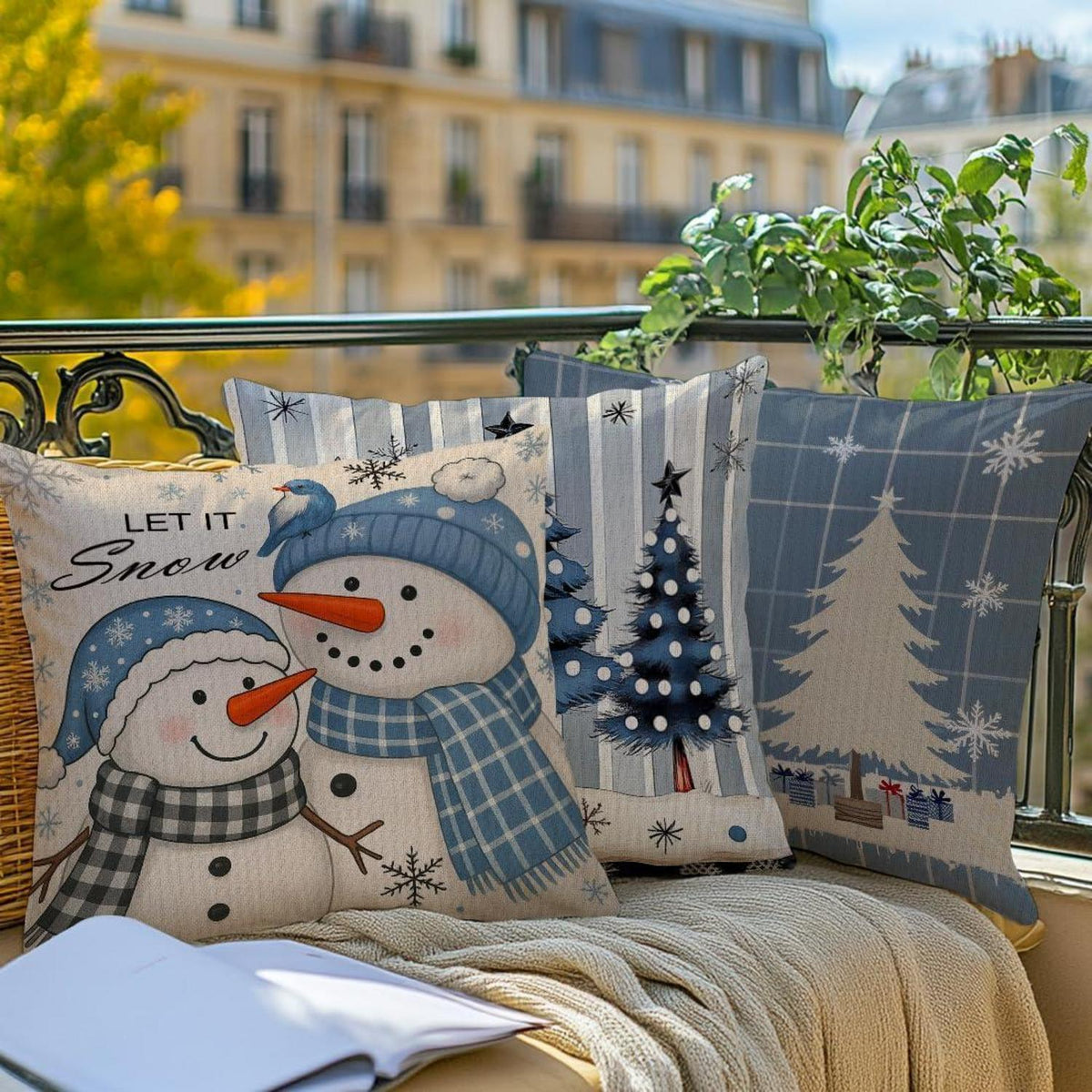 Weihnachtskissenbezüge 45x45cm, 4er Set, Blau mit Wintermotiv