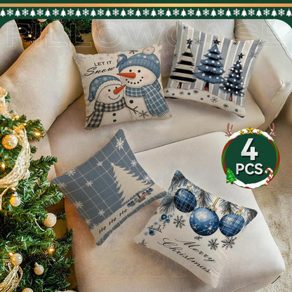 Weihnachtskissenbezüge 45x45cm, 4er Set, Blau mit Wintermotiv