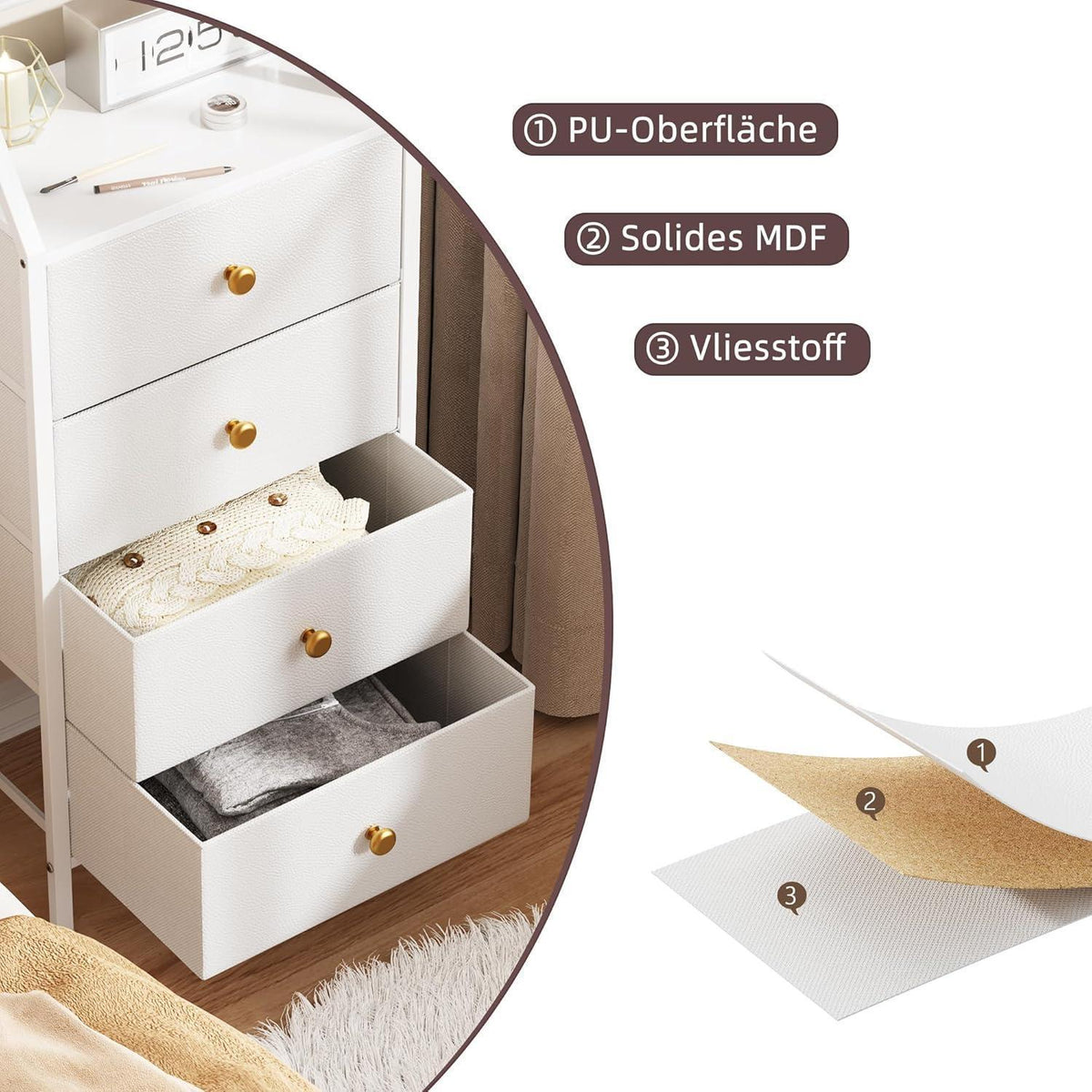 Hohe Schlafzimmerkommode mit Spiegel & 4 Schubladen – Weiß
