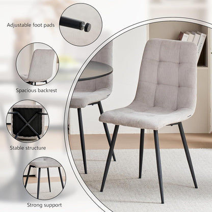 8er-Set Esszimmerstühle Nordisch, Hellgrau | Bequeme Cord-Stühle mit Metallbeinen