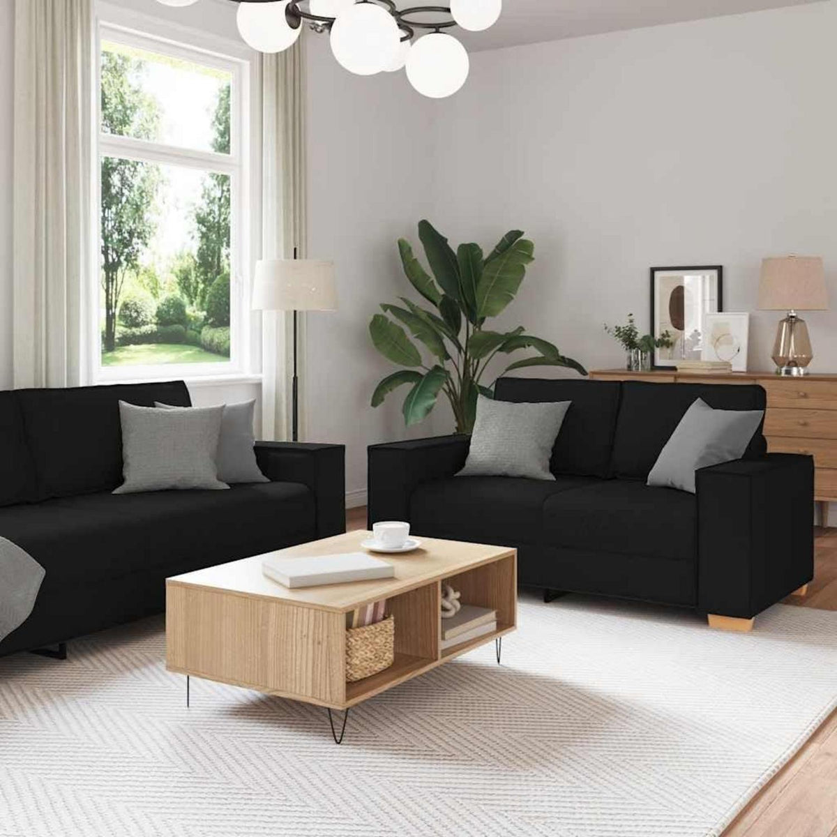 Schwarz Sofa Set: 2-Sitzer & 3-Sitzer Stoff Lounge